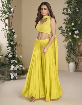 yellow colour beads work festive palazzo set 1
