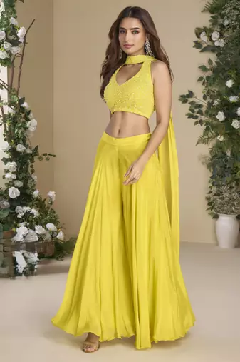 yellow colour beads work designer festive palazzo set