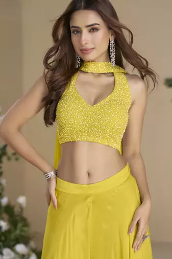 yellow colour beads work festive palazzo set