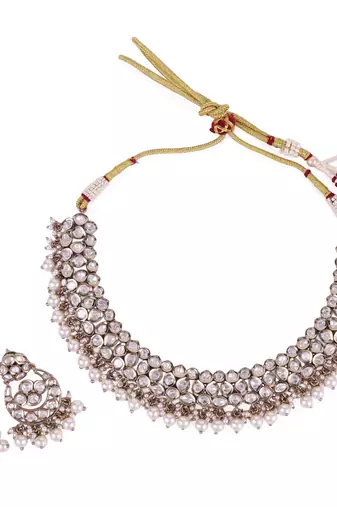 Marvellous round shape and pearls guchha gold plated choker necklace set for women and girls