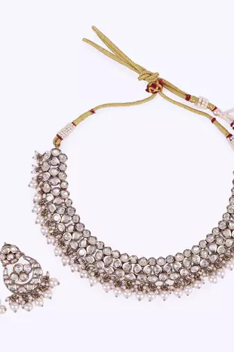 Marvellous round shape and pearls guchha gold plated choker necklace set for women and girls