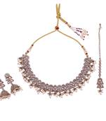 Splendid leaf and paisley design pearls guchha gold plated choker necklace set with maangikka for women and girls
