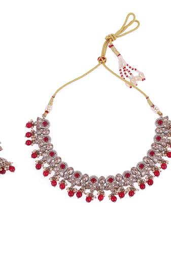 Trendy leaf and paisley design red stone gold plated choker necklace set with maangikka for women and girls