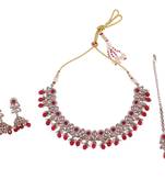 Trendy leaf and paisley design red stone gold plated choker necklace set with maangikka for women and girls