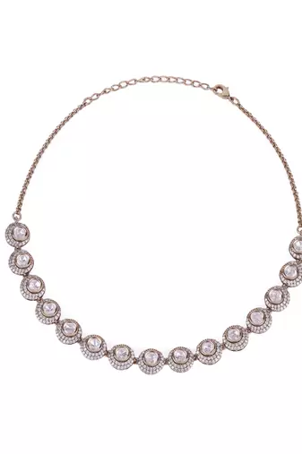 Excellent round shape cz studded gold plated choker necklace set with maangikka for women and girls