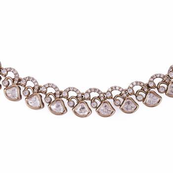 Elegant rectangle shape cz studded gold plated choker necklace set with maangtikka for women and girls 2