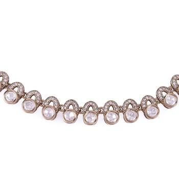 Glimmery round shape cz studded gold plated choker necklace set with maangikka for women and girls 2
