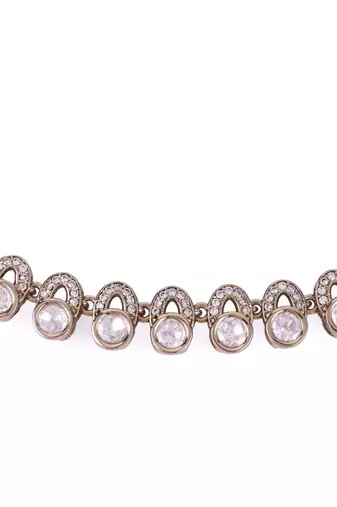 Glimmery round shape cz studded gold plated choker necklace set with maangikka for women and girls