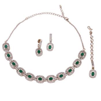 Flowing round shape cz studded gold plated green stone choker necklace set with maangikka for women and girls 1