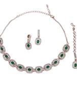 Flowing round shape cz studded gold plated green stone choker necklace set with maangikka for women and girls