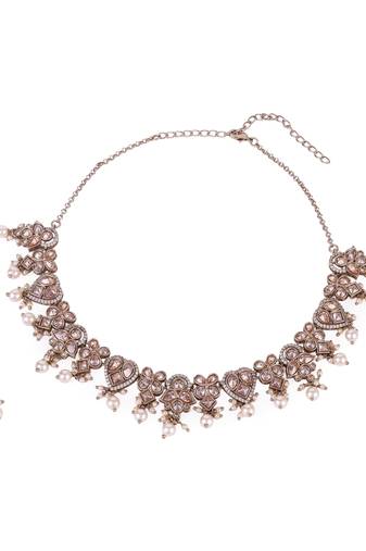 Glorious heart and flower design gold plated choker necklace set with maangikka for women and girls
