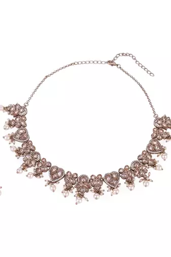 Glorious heart and flower design gold plated choker necklace set with maangikka for women and girls