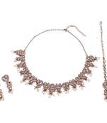 Glorious heart and flower design gold plated choker necklace set with maangikka for women and girls