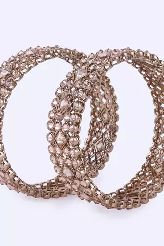 Traditional dazzling round and rectangle gold plated brown stone set of 2 bangles for women