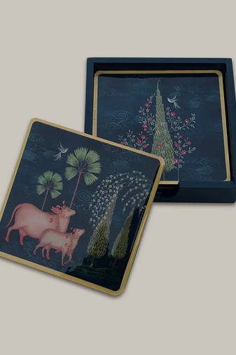 Pichwai Wooden Coasters Set of 6 with Stand