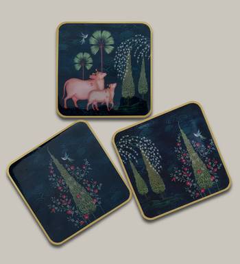 Pichwai Wooden Coasters Set of 6 with Stand 3