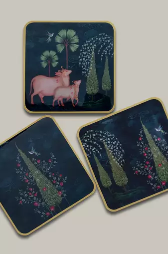 Pichwai Wooden Coasters Set of 6 with Stand