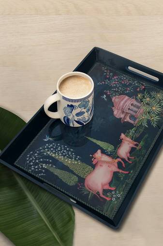 Pichwai Wood Serving Tray with Handles - Large