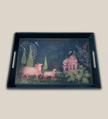 Pichwai Wood Serving Tray with Handles - Large 2