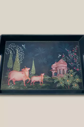 Pichwai Wood Serving Tray with Handles - Large