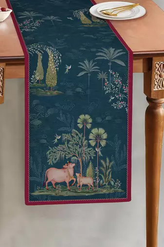 Pichwai Nathdwara Table Runner - Aqua