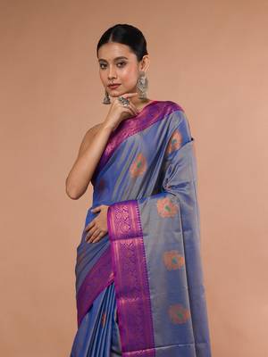 Sky Blue Blended Silk Saree With Broad Purple Border 1