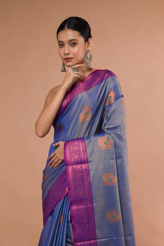 Sky Blue Blended Silk Saree With Broad Purple Border