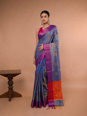 Sky Blue Blended Silk Saree With Broad Purple Border 2