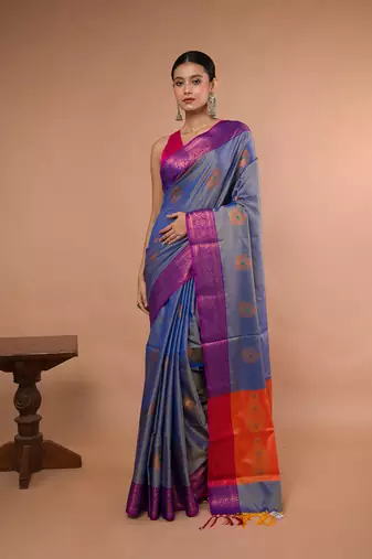 Sky Blue Blended Silk Saree With Broad Purple Border