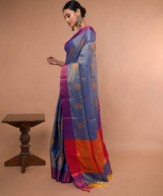 Sky Blue Blended Silk Saree With Broad Purple Border 3