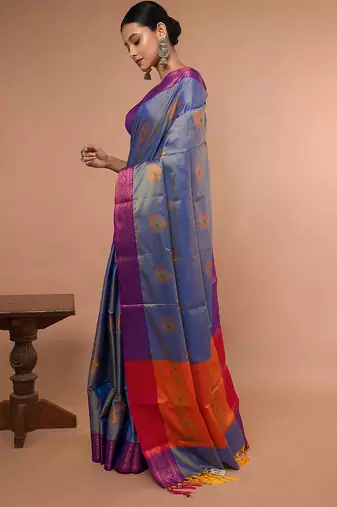 Sky Blue Blended Silk Saree With Broad Purple Border