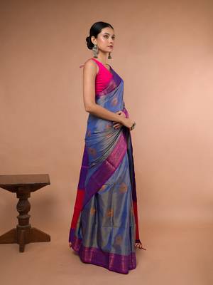 Sky Blue Blended Silk Saree With Broad Purple Border 4