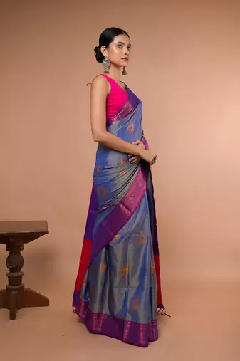 Sky Blue Blended Silk Saree With Broad Purple Border