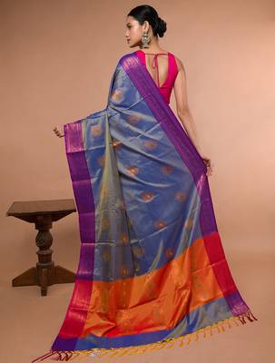 Sky Blue Blended Silk Saree With Broad Purple Border 5
