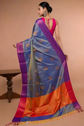 Sky Blue Blended Silk Saree With Broad Purple Border