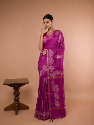 Pink Bhagalpuri Silk With White Floral Prints On It 1