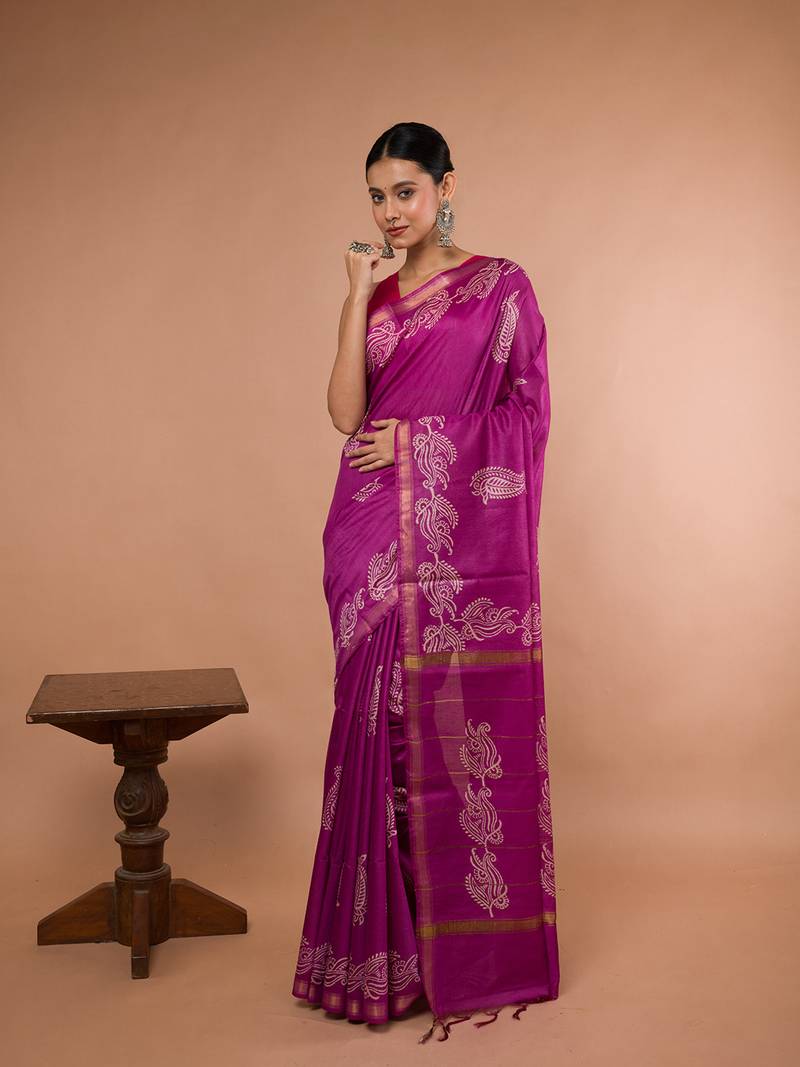 Pink Bhagalpuri Silk With White Floral Prints On It