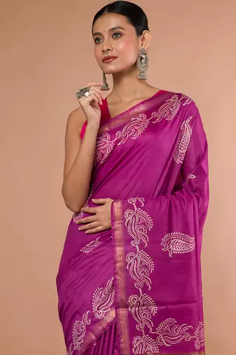 Pink Bhagalpuri Silk With White Floral Prints On It
