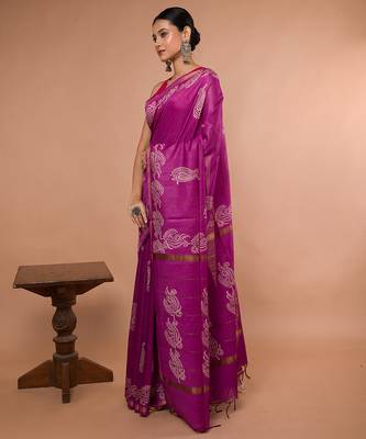 Pink Bhagalpuri Silk With White Floral Prints On It 3