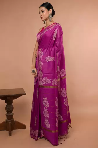 Pink Bhagalpuri Silk With White Floral Prints On It