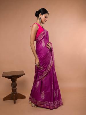 Pink Bhagalpuri Silk With White Floral Prints On It 4
