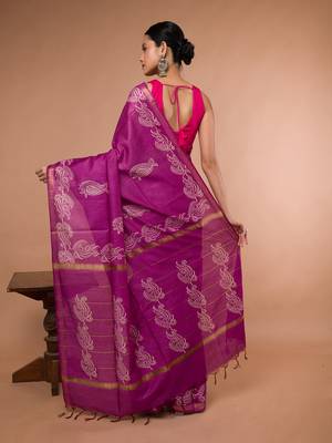 Pink Bhagalpuri Silk With White Floral Prints On It 5