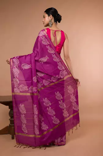Pink Bhagalpuri Silk With White Floral Prints On It