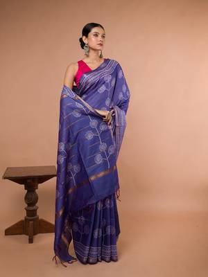 Blue Bhagalpuri Silk With White Floral Printed saree with running blouse piece 1