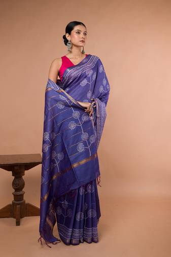 Blue Bhagalpuri Silk With White Floral Printed saree with running blouse piece