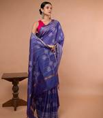 Blue Bhagalpuri Silk With White Floral Printed saree with running blouse piece