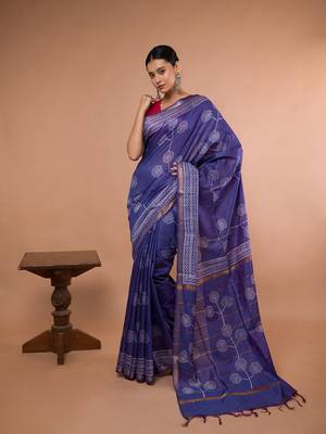 Blue Bhagalpuri Silk With White Floral Printed saree with running blouse piece 2