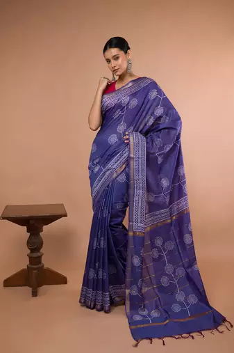Blue Bhagalpuri Silk With White Floral Printed saree with running blouse piece