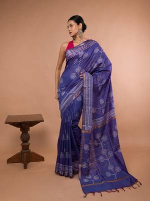 Blue Bhagalpuri Silk With White Floral Printed saree with running blouse piece 3