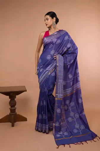 Blue Bhagalpuri Silk With White Floral Printed saree with running blouse piece